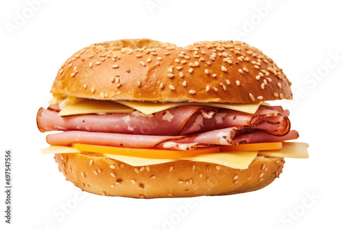 Ham cheese bagel isolated on transparent background.
