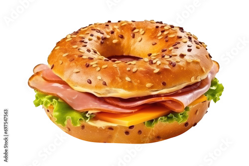 Ham cheese bagel isolated on transparent background.