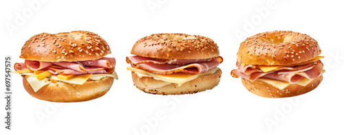 Set of ham cheese bagel isolated on transparent background.