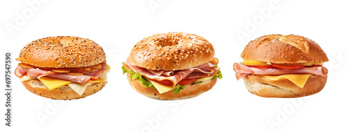 Set of ham cheese bagel isolated on transparent background.
