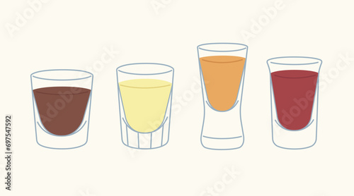 Different type of glassware with drinks. Set of shot glasses. Flat style vector illustration photo