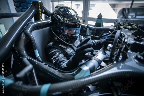 The cat race car driver sits in the car created with generative AI technology photo