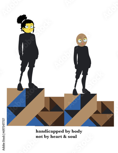 a vector design of handicapper human silhouette standing on cubism color shapes design with text saying, handicapped by body not by heart and soul, vector stock image