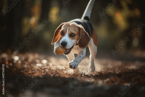 Energetic beagle playing outside with a toy and running towards the camera. Generative AI © Miriam