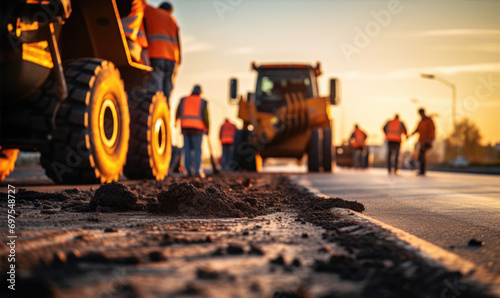 Road Construction. Road Workers making new asphalt with Construction machines. Construction Machinery on the Construction Site photo