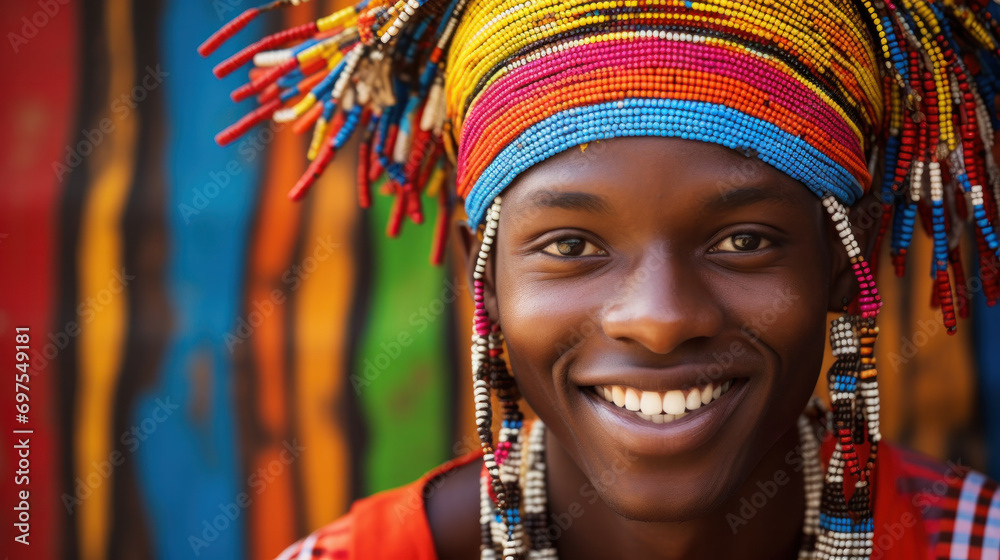 Closeup shot of happy young african man in tribal shirt looking away and smiling, portrait of positive black bearded guy in traditional african costume, selective focus with free space