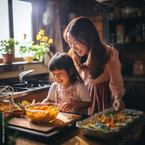 mother and child playing together in kitchen