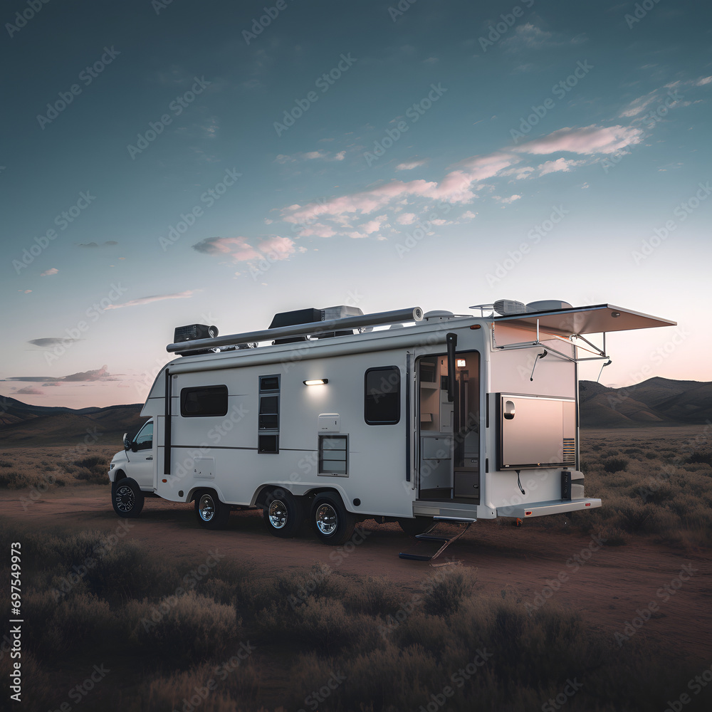 Desert Oasis: Modern RV in a Serene Desert Landscape at Dusk