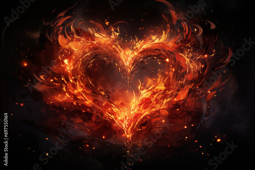 An abstract artistic composition of a heart made of fire and flames with sparks against a black background  possibly for events like Valentine s Day.
