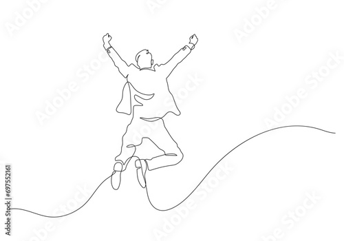 happy business man in mid air jumping successful and freedom continuous line drawing