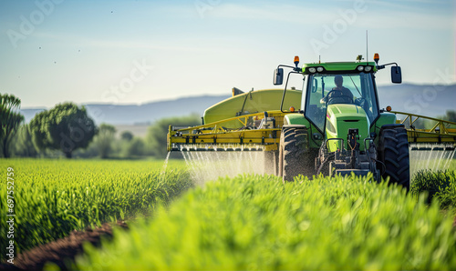 The tractor sprays the crops in the amzing field photo