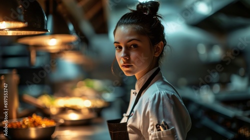 Female Chef contemporary kitchen adorned with sleek appliances and a minimalist design, a smart and skilled female chef stands confidently amidst the culinary tools of her trade