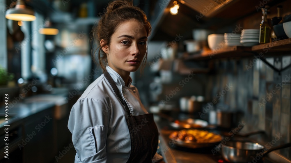 Female Chef contemporary kitchen adorned with sleek appliances and a minimalist design, a smart and skilled female chef stands confidently amidst the culinary tools of her trade