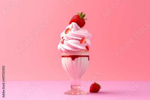 A delicious strawberry ice cream sundae over a pink background. Generative AI