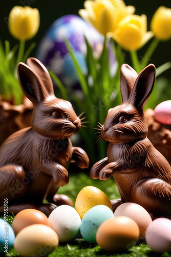 chocolate easter bunny and colored eggs, generated by artificial intelligence