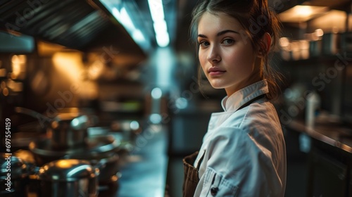 Female Chef contemporary kitchen adorned with sleek appliances and a minimalist design, a smart and skilled female chef stands confidently amidst the culinary tools of her trade © ND STOCK