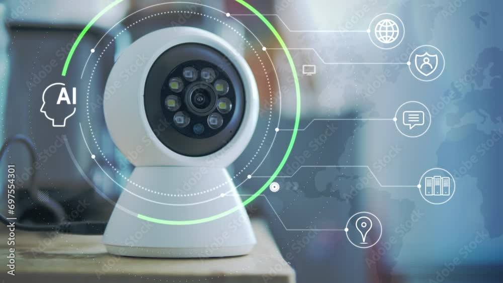 Security IP camera with Ai Artificial intelligence technology concept. With Futuristic HUD head up display interface interface. The home care and intuitive control and advanced surveillance concept Security IP camera with Ai Artificial intelligence technology concept. With Futuristic HUD head up display interface interface. The home care and intuitive control and advanced surveillance concept