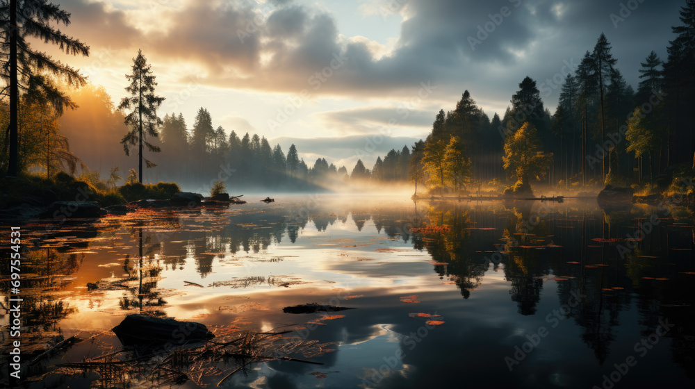 Fototapeta premium Sunrise Serenity - Misty Lake Landscape Photography