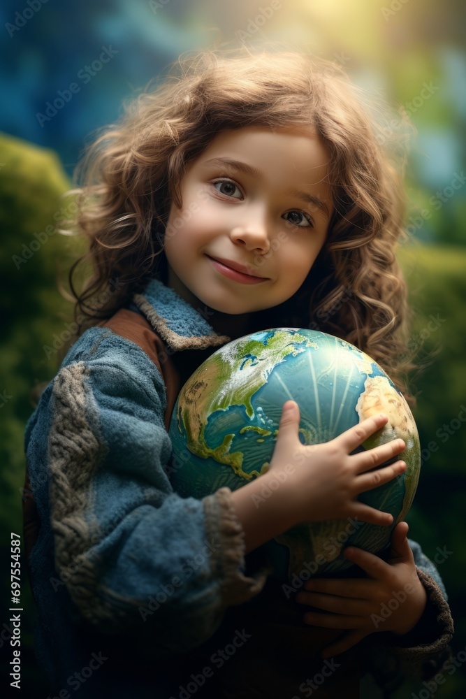Happy Little Girl Hugging Planet Earth. Kid Embracing Globe Earth for World Protection, Earth Day, World Environment Day, Save th World. Zero Carbon Dioxide Emissions Happy Little Girl Hugging Planet Earth. Kid Embracing Globe Earth for World Protection, Earth Day, World Environment Day, Save th World. Zero Carbon Dioxide Emissions