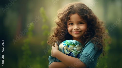Happy Little Girl Hugging Planet Earth. Kid Embracing Globe Earth for World Protection, Earth Day, World Environment Day, Save th World. Zero Carbon Dioxide Emissions photo