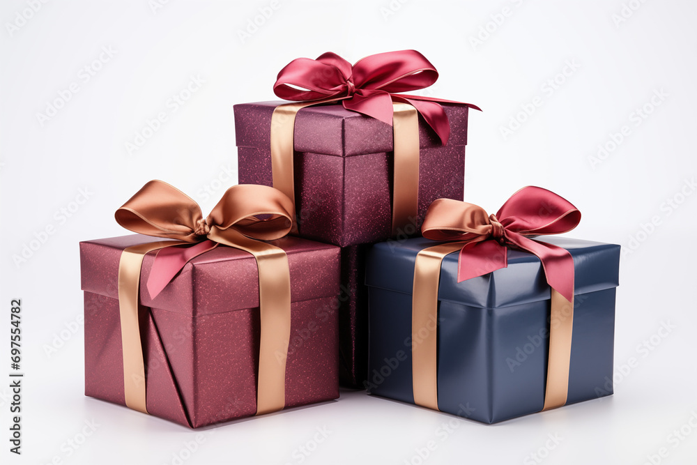 Pile of elegant gift boxes with shiny wrapping and satin ribbons, suitable for celebrations and special occasions. Pile of elegant gift boxes with shiny wrapping and satin ribbons, suitable for celebrations and special occasions.