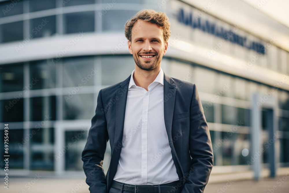 A happy businessman in front of a company’s building A happy businessman in front of a company’s building