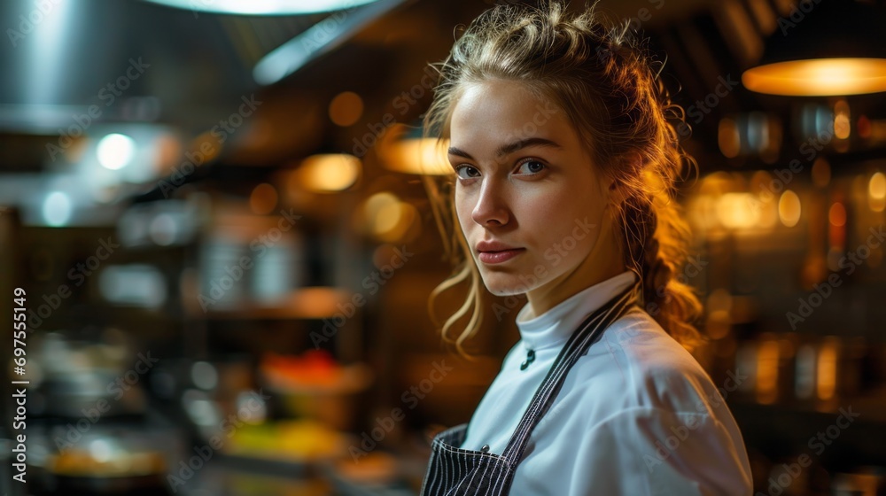 Female Chef contemporary kitchen adorned with sleek appliances and a minimalist design, a smart and skilled female chef stands confidently amidst the culinary tools of her trade