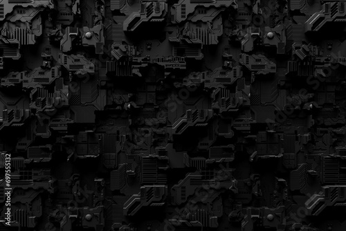 Detail of a futuristic  machine. 3D illustration of a futuristic wall made of various details. Cyberpunk background. Industrial wallpaper. Grunge details photo