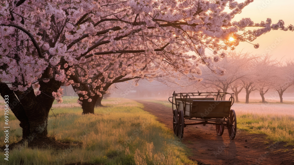 Spring Cart - Cherry Blossoms and Satin Runner at Sunset Spring Cart - Cherry Blossoms and Satin Runner at Sunset