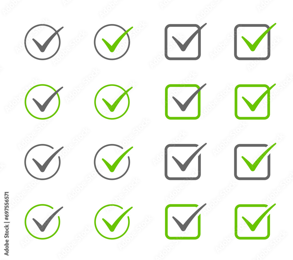Tick or check mark symbol collection. Vote, success, ok, approved stock illustration. Checkmark icon set. Tick or check mark symbol collection. Vote, success, ok, approved stock illustration. Checkmark icon set.