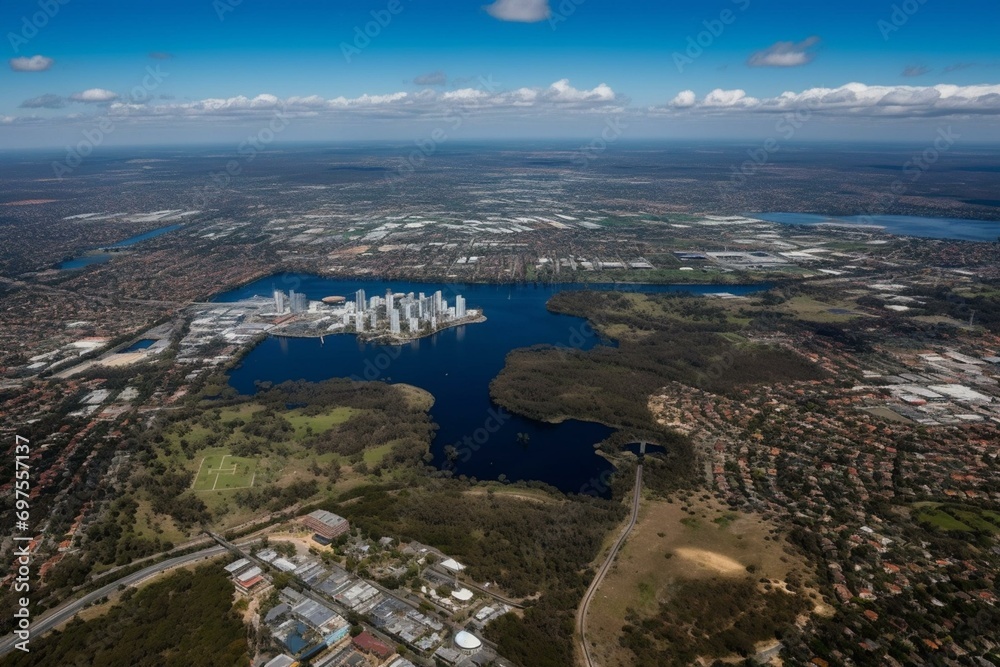 Bird's-eye view of southern Perth encompassing the Kwinana Freeway and scenic Swan River. Generative AI