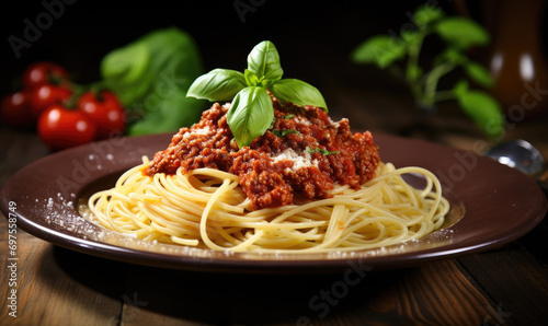 Traditional pasta spaghetti bolognese in  plate on wooden table dark background
