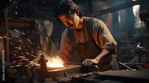 Asian blacksmith forges steel into swords in workshop, fire bellows, grinding wheel, sledge hammer.