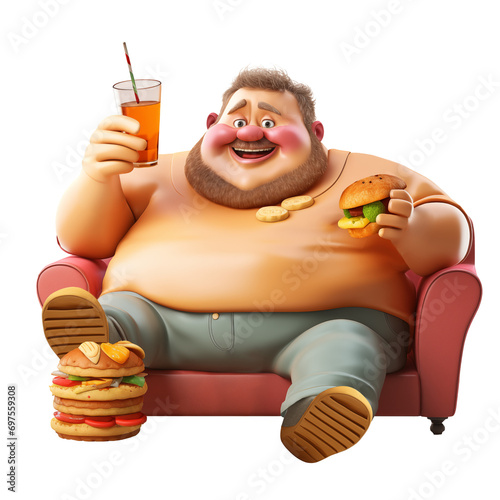 A fat man is drinking and eating a burger while sitting on a 3d sofa. Suitable for health and diet
