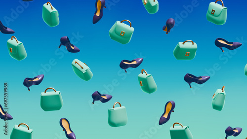 Fashion turquoise handbags and purple high heels against a vibrant blue sky.
