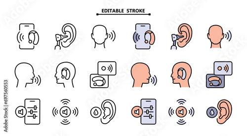 Hearing Aid Collection Icons Set. Editable stroke. Hear Music Earphones And Dynamic, Hearing Device And Volume Button Concept Color Flat Pictograms. Vector Simple Illustration.