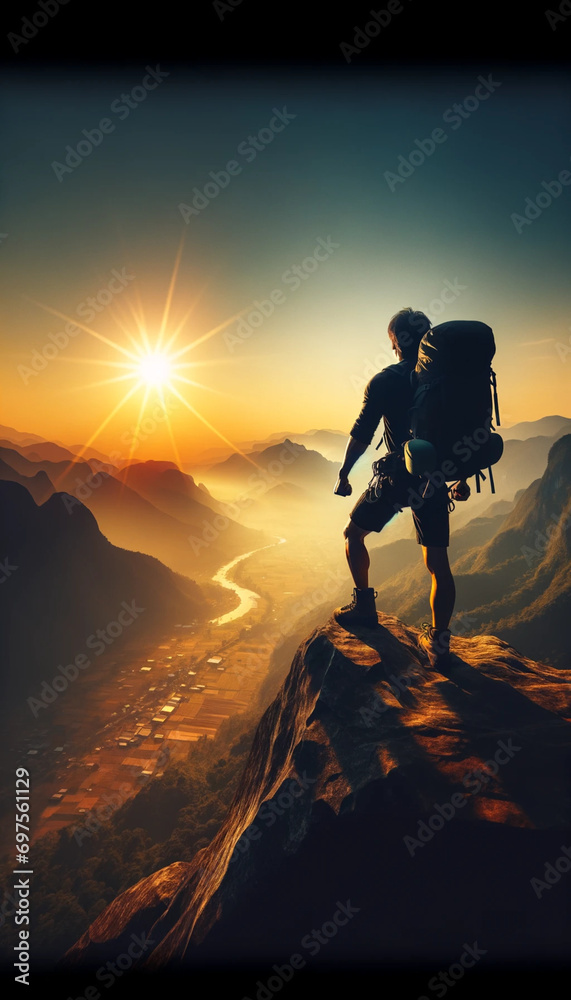 Mountain Summit Success at Sunrise with Adventurous Hiker