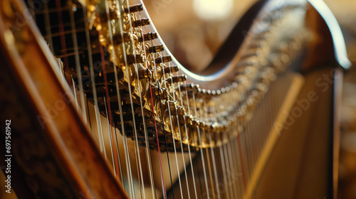 Close-up of a golden harp's strings. photo