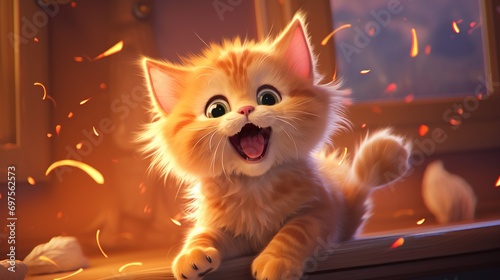Joyful animated kitten playing with sparkling embers; perfect for family content and cheerful themes.