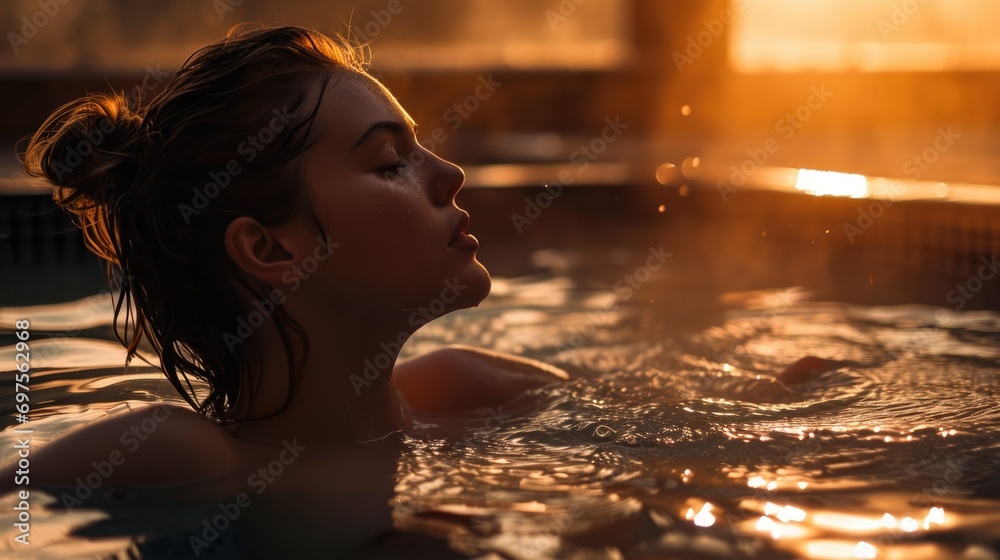 Young woman relaxing in the whirlpool bathtub in the morning