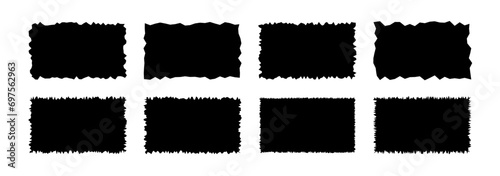 Rectangles paper with roughly torn edges. Jagged geometric shapes for stickers, tags and labels. Isolated vector illustration on white background.