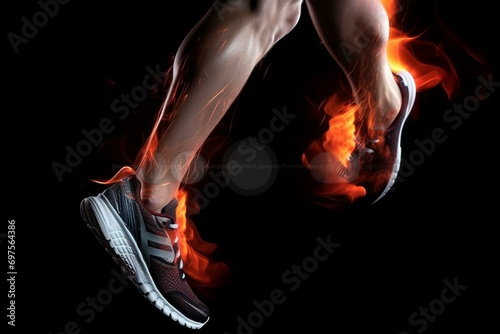 Sport. Runner. Side view of a jogger legs with the power in the veins isolated on black. Fire and energy Generative AI