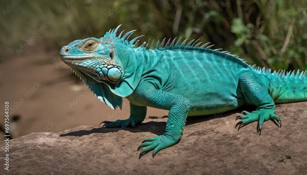 a green iguana sitting on top of a rock in front of some bushes and a body of water with trees in the back ground and bushes in the background. a green iguana sitting on top of a rock in front of some bushes and a body of water with trees in the back ground and bushes in the background.