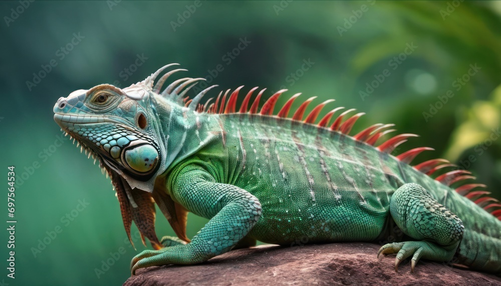 a green iguana sitting on top of a rock in front of a green and leafy background with a red stripe on it's head and tail. a green iguana sitting on top of a rock in front of a green and leafy background with a red stripe on it's head and tail.
