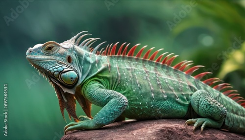  a green iguana sitting on top of a rock in front of a green and leafy background with a red stripe on it's head and tail.