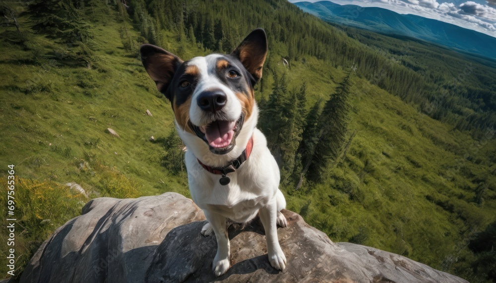  a brown and white dog sitting on top of a rock next to a lush green hillside covered in lots of trees and a lush green hillside covered with lots of trees.