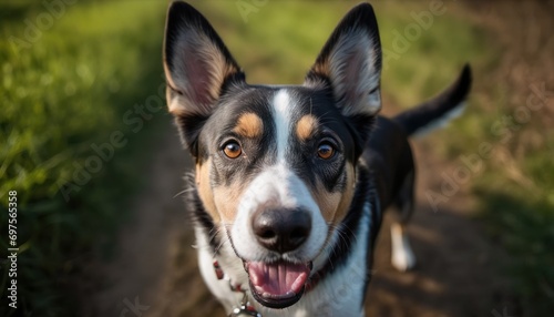  a black  brown and white dog standing on a dirt road with its mouth open and it s tongue hanging out to the side of it s face.