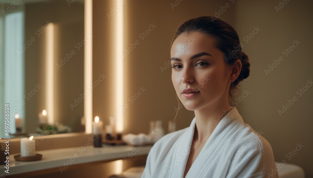 a woman in a bathrobe standing in front of a bathroom mirror with candles on the side of the mirror and candles on the counter in front of the mirror. a woman in a bathrobe standing in front of a bathroom mirror with candles on the side of the mirror and candles on the counter in front of the mirror.
