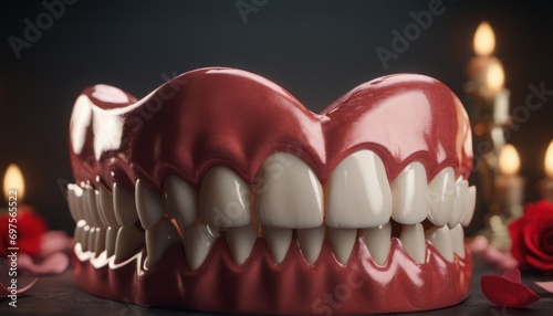  a close up of a fake tooth with a rose on the side of it and a candle in the background with a rose on the other side of the image.