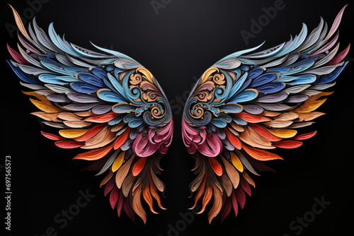 Colorful and vibrant illustration of ornamental, symmetrical angel wings against a black background; suitable for creative projects or events. photo